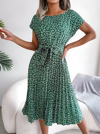 Caitlin | Plissee Blumenmuster Kleid – Grün
