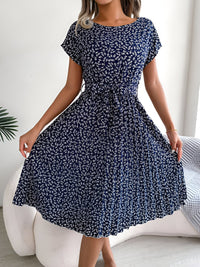 Caitlin | Plissee Blumenmuster Kleid – Marine