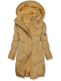 Winterjacke Damen Gefüttert Mit Kapuze | Lang Mit Reißverschluss und Knöpfen – Khaki