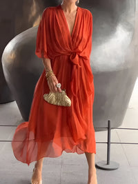 Claire | Midi-Kleid mit Taillengürtel – Orange