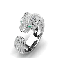Verstellbarer Jaguar-Ring aus 18K Silber und 18K Roségold mit Grünen Zirkonia-Augen – Silber