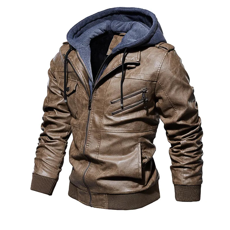 Nuah | Robuste Leder-Motorradjacke für Herren mit Kapuze
