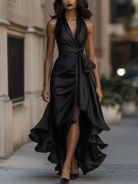 Raphaela | Damen Neckholder Wickel Abendkleid – Schwarz