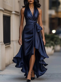 Raphaela | Damen Neckholder Wickel Abendkleid – Marine Blau