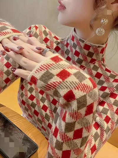 Reigisa | Eleganter Damenstrickpullover - Hoher Ausschnitt, Color Block