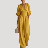 Reena | Damen Jumpsuit Weites Bein V-Ausschnitt Overall – Gelb