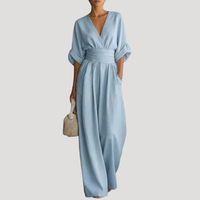 Reena | Damen Jumpsuit Weites Bein V-Ausschnitt Overall – Hellblau