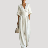 Reena | Damen Jumpsuit Weites Bein V-Ausschnitt Overall – Weiß