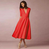 Jana | Damen Midi Kleid V-Ausschnitt 3/4-Ärmel Taschen – A-Linie Midi Kleid 2026 – Rot