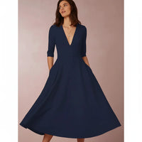Jana | Damen Midi Kleid V-Ausschnitt 3/4-Ärmel Taschen – A-Linie Midi Kleid 2026 – Marine