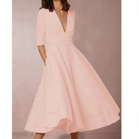 Jana | Damen Midi Kleid V-Ausschnitt 3/4-Ärmel Taschen – A-Linie Midi Kleid 2026 – Rosa