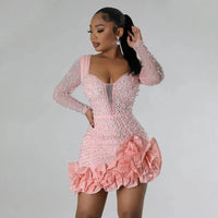 Xenia | Damen Kurzes Abendkleid Tiefer V-Ausschnitt Langarm – Mini Abendkleid 2026 – Rosa