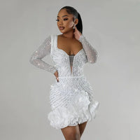 Xenia | Damen Kurzes Abendkleid Tiefer V-Ausschnitt Langarm – Mini Abendkleid 2026 – Weiß