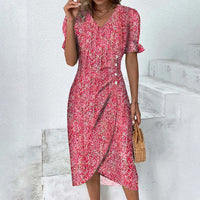 Sommerkleid für Damen - Luftiges Maxikleid mit V-Ausschnitt und Puffärmeln – Rot