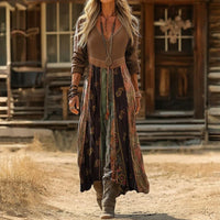 Rosmarie | Damen Boho Patchwork Langarm Maxikleid – Braun