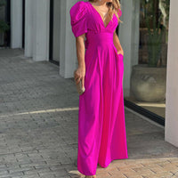 Roswitha | Damen V-Ausschnitt Puffärmel Jumpsuit – Rosa