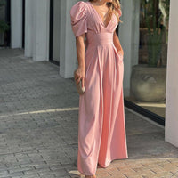 Roswitha | Damen V-Ausschnitt Puffärmel Jumpsuit – Rosa Hell