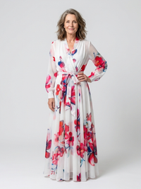 Lillian | Blumiges Maxikleid mit langen Ärmeln – Rot