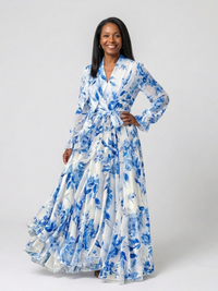 Lillian | Blumiges Maxikleid mit langen Ärmeln – Blau