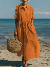 Saskia | Damen Hemdblusenkleid Maxikleid mit Knöpfen – Orange