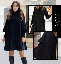 Marlene | Plus-Size Kleid mit Stehkragen und Laternenärmeln – Schwarz