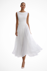 Seraphita | Damen Drapiertes Ärmellos Plissee Midikleid – Weiß