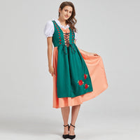 Damen Midi Oktoberfest Dirndl Kleid – Grün / Pfirsich