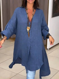 Sigrid | Damen Oversized Longbluse Hemdkragen Langarm – Dunkel Blau