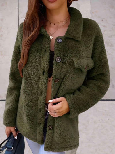 Roze | Einfaches und Warmes Fleecejacke mit Polokragen und Knopfverschluss
