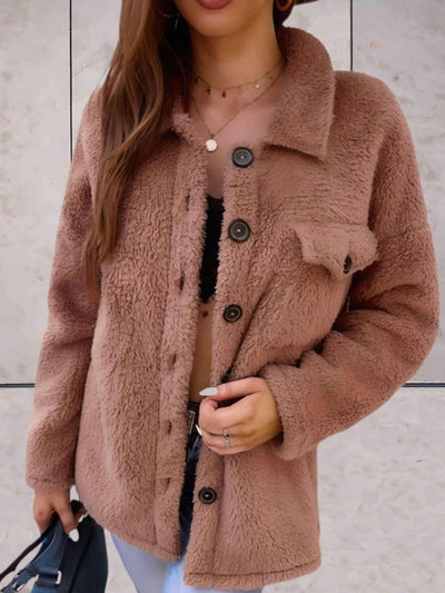 Roze | Einfaches und Warmes Fleecejacke mit Polokragen und Knopfverschluss