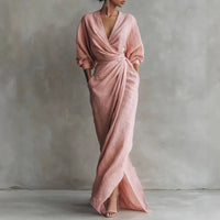 Solange | Damen V-Ausschnitt Langarm Wickelkleid – Rosa