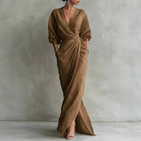 Solange | Damen V-Ausschnitt Langarm Wickelkleid – Braun