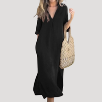 Solveig | Damen Midikleid mit V-Ausschnitt Relaxed Fit – Schwarz