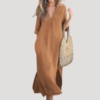 Solveig | Damen Midikleid mit V-Ausschnitt Relaxed Fit – Braun