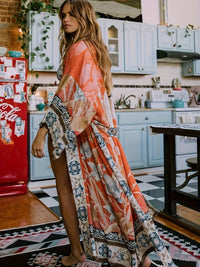 Soraya | Damen Boho Kimono Blumenprint Maxi-Länge – Orange