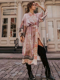 Soraya | Damen Boho Kimono Blumenprint Maxi-Länge – Rosa