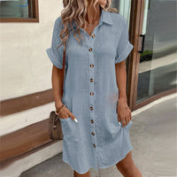 Buttoned Short Sleeve Pocket Casual Shirt Dress – Blau