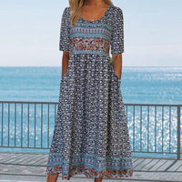 ELARA – MIDIKLEID AUS BEDRUCKTER BAUMWOLLE – Blau