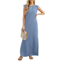 Sommerkleid für Damen - Langes ärmelloses Tunika-Kleid mit Blumenmuster – Blau