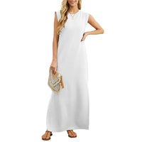 Sommerkleid für Damen - Langes ärmelloses Tunika-Kleid mit Blumenmuster – Weiß
