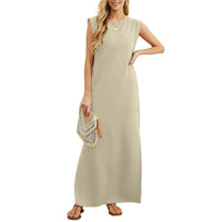 Sommerkleid für Damen - Langes ärmelloses Tunika-Kleid mit Blumenmuster – Khaki
