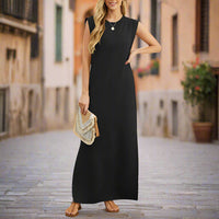 Sommerkleid für Damen - Langes ärmelloses Tunika-Kleid mit Blumenmuster – Schwarz