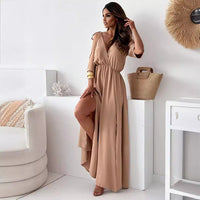 ZELINDA - LANGES KLEID MIT V-AUSSCHNITT – Beige