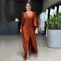 Women's Glossy Flowy Solid Color Floor-Length Dress – Orange