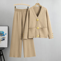 Lieselotte | Damen-Set Knopf-Pullover & Weitbein-Hose – Khaki