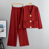 Lieselotte | Damen-Set Knopf-Pullover & Weitbein-Hose – Rot
