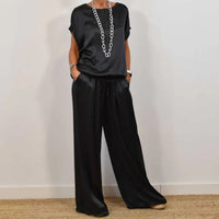 DENISE - SET AUS SATINTOP UND FLIESSENDER HOSE – Schwarz