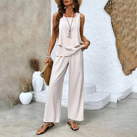 MELEK - SET AUS ÄRMELLOSER BLUSE UND PALAZZOHOSE – Beige