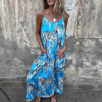 Printed Spaghetti Strap Backless Dress – Blau