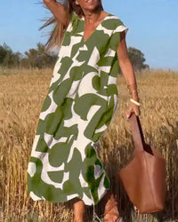 V-Neck Print Dress – Grün